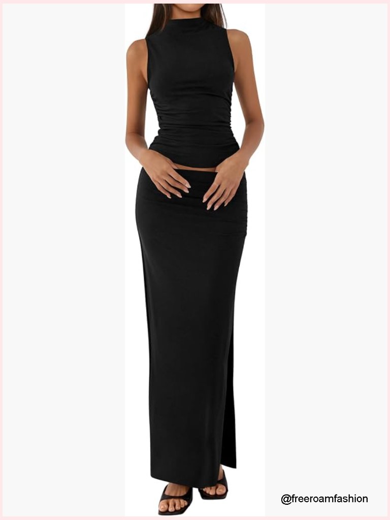 Two Piece Outfits Summer Mock Neck Sleeveless Knit Top Maxi Skirt Set
